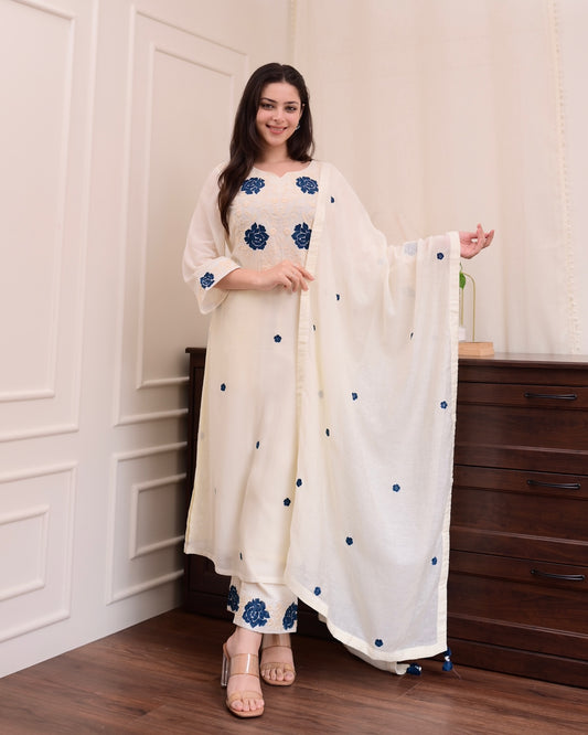 White Viscose With Embroidery Kurta Set