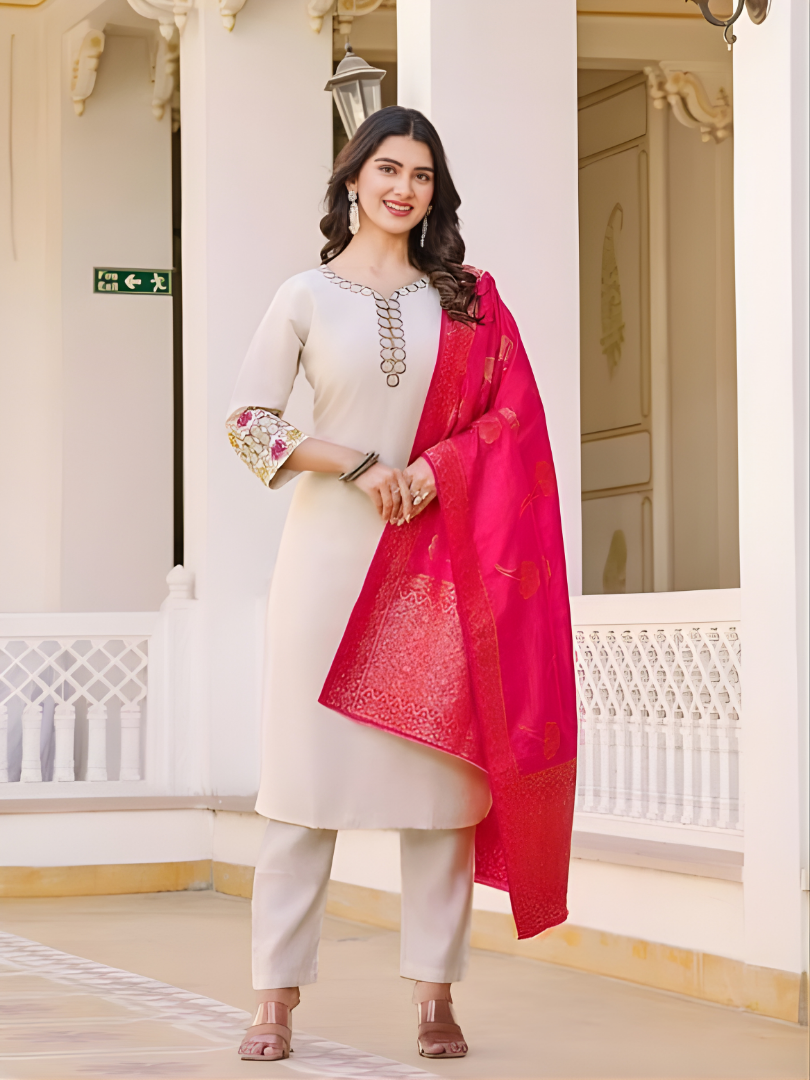 Cream Stylish V-Neck Straight Cut Embroidered Kurta Set with Dupatta