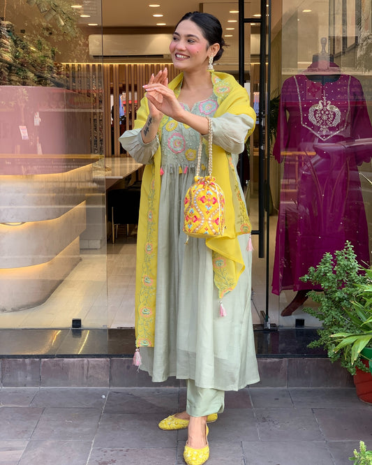 Pista Green Kurti Set with Yellow Embroidered Dupatta