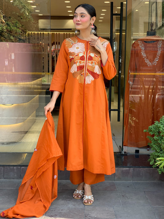 Rust Floral Sequin Work Embroidered Cotton Suit Set