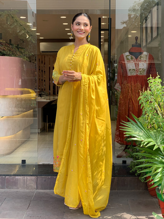 Yellow Chanderi Silk Embroidery Work Kurti Pant And Dupatta