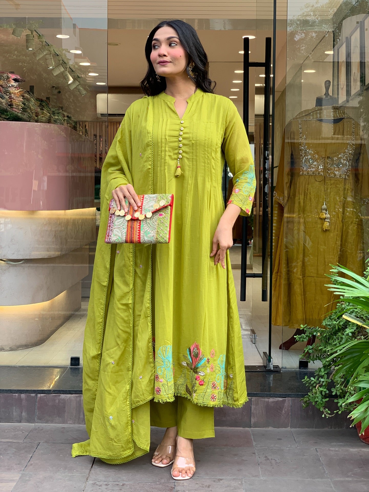 Mahendi Chanderi Silk Embroidery Work Kurti Pant And Dupatta