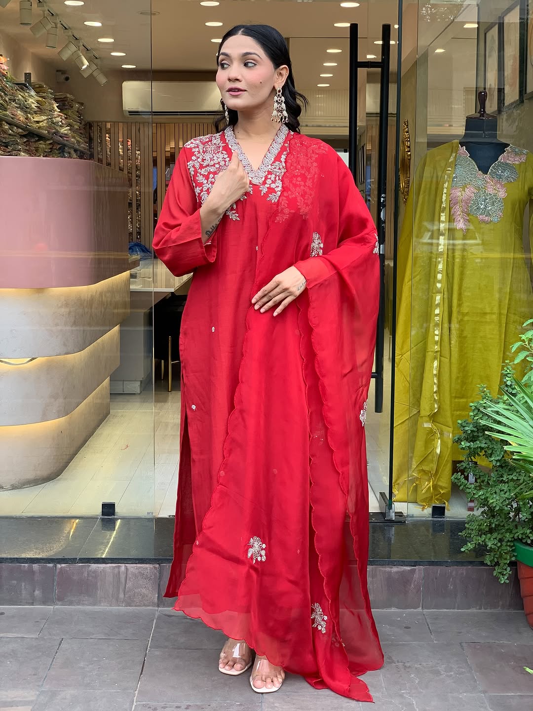 Red Chanderi Embroidered Kurti, Pant With Dupatta Set for Partywear