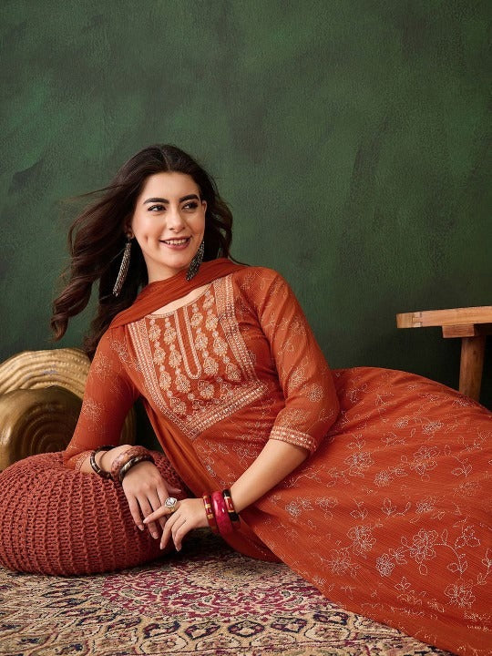 Orange Georgette Women's Kurta, Pant with Dupatta Set