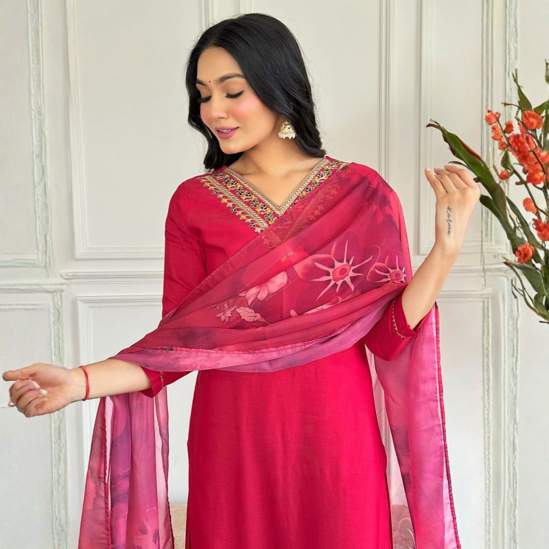 Red Three Piece Embroidered Salwar Kameez & Dupatta Set