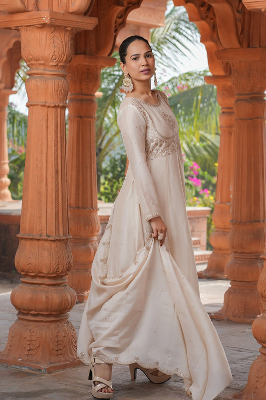 Cream Vichitra Silk Embroidery Kurta Set