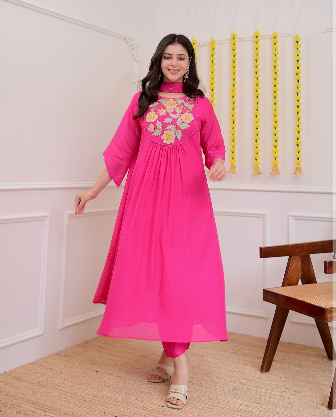 Pink A Line Mul Chanderi Handwork Festive Suit
