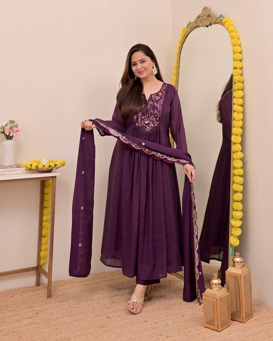 Persian Wine Noor Handwork Mul Chanderi A Line Suit
