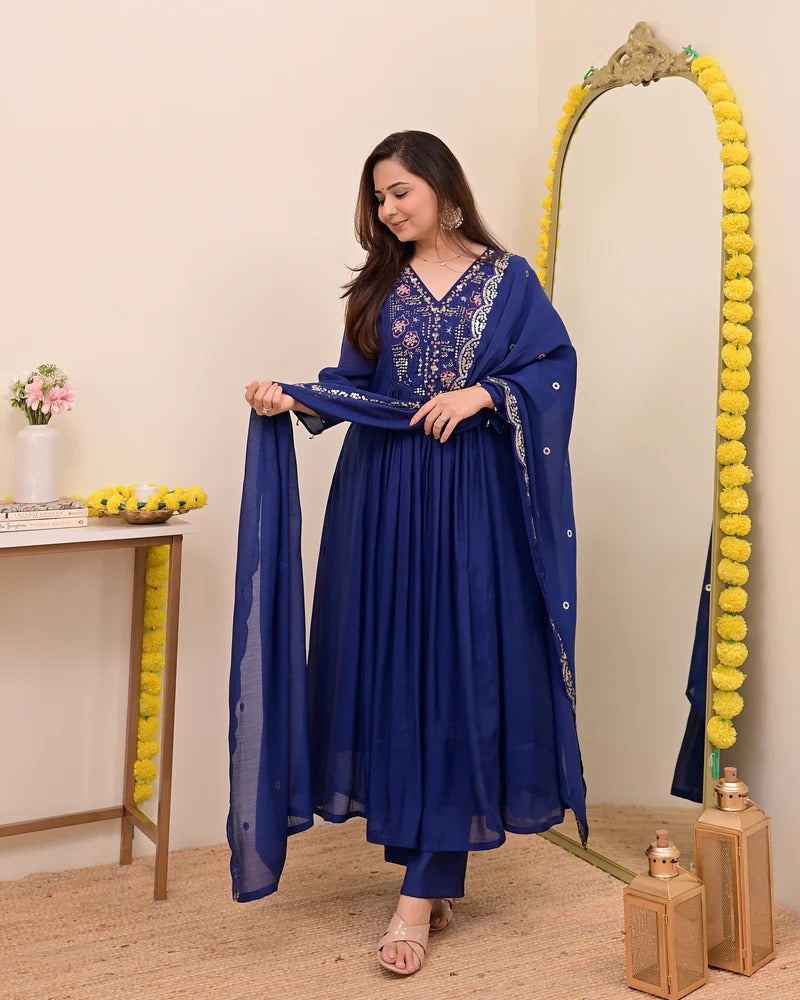 Persian Blue Noor Handwork Mul Chanderi A Line Suit