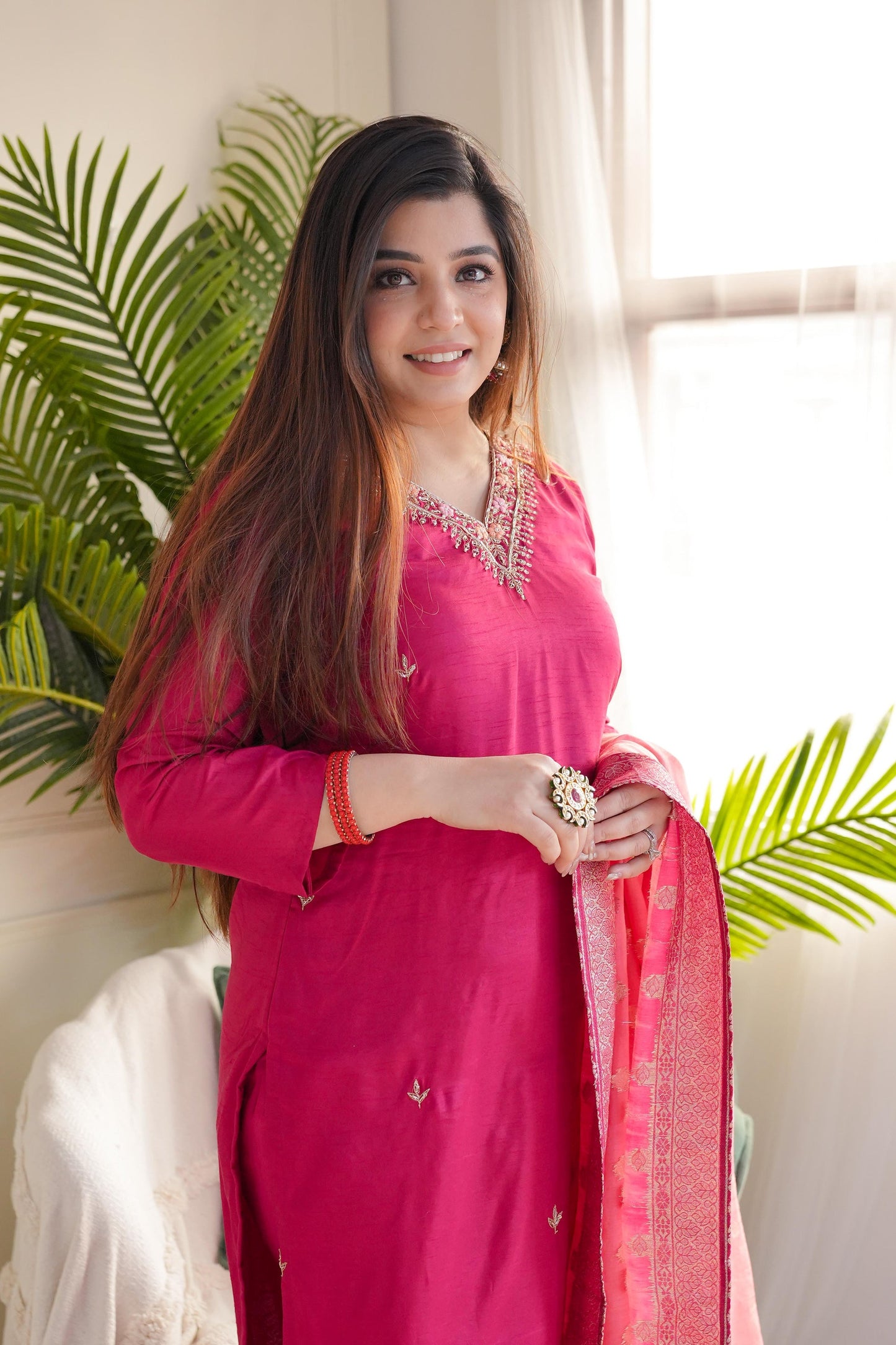 Rani Viscose Chanderi Heavy Thread Embroidery Work With Jacquard Dupatta Kurta Pant Set