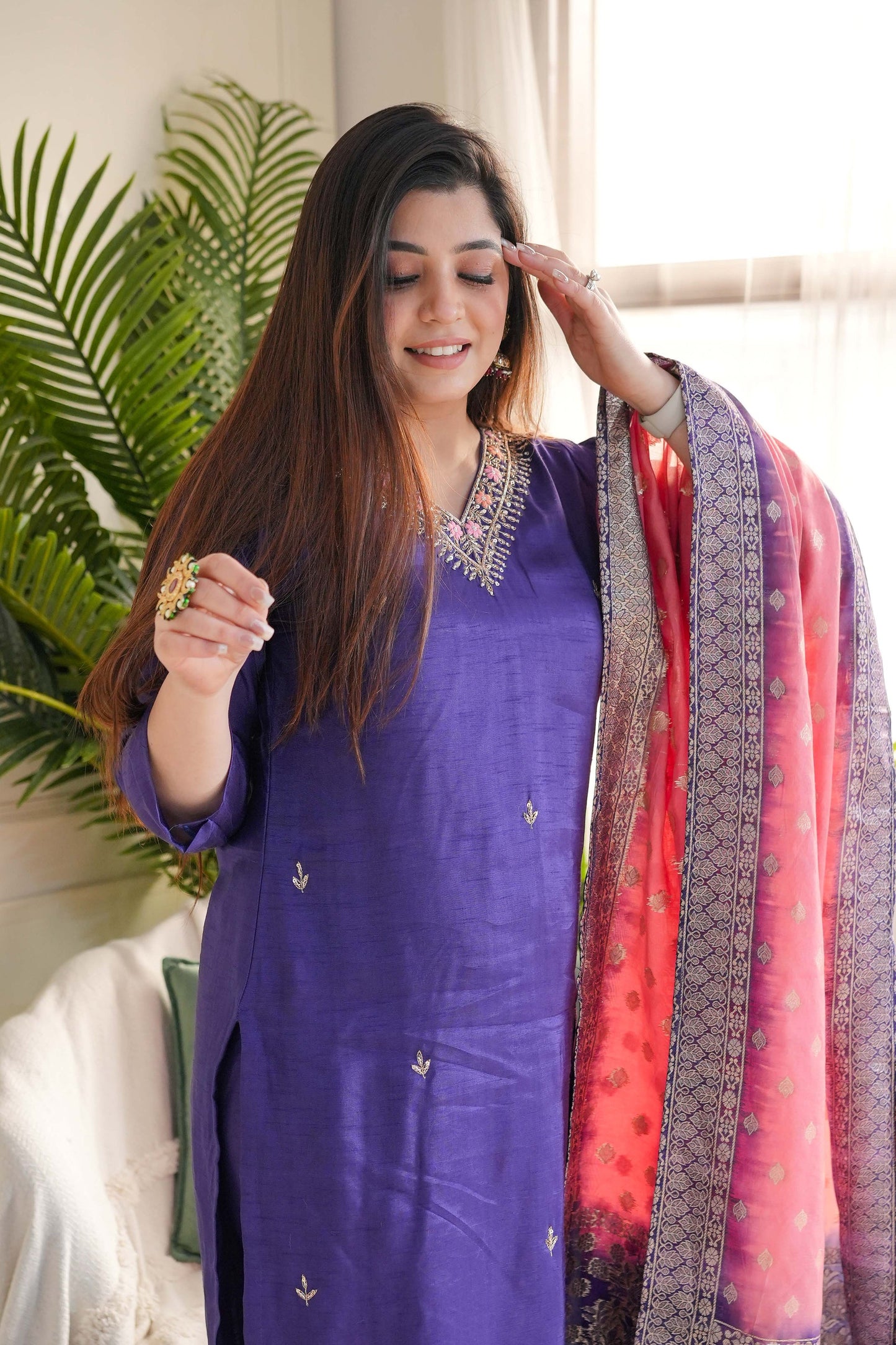 Purple Viscose Chanderi Embroidery Work With Jacquard Dupatta Kurta Pant Set