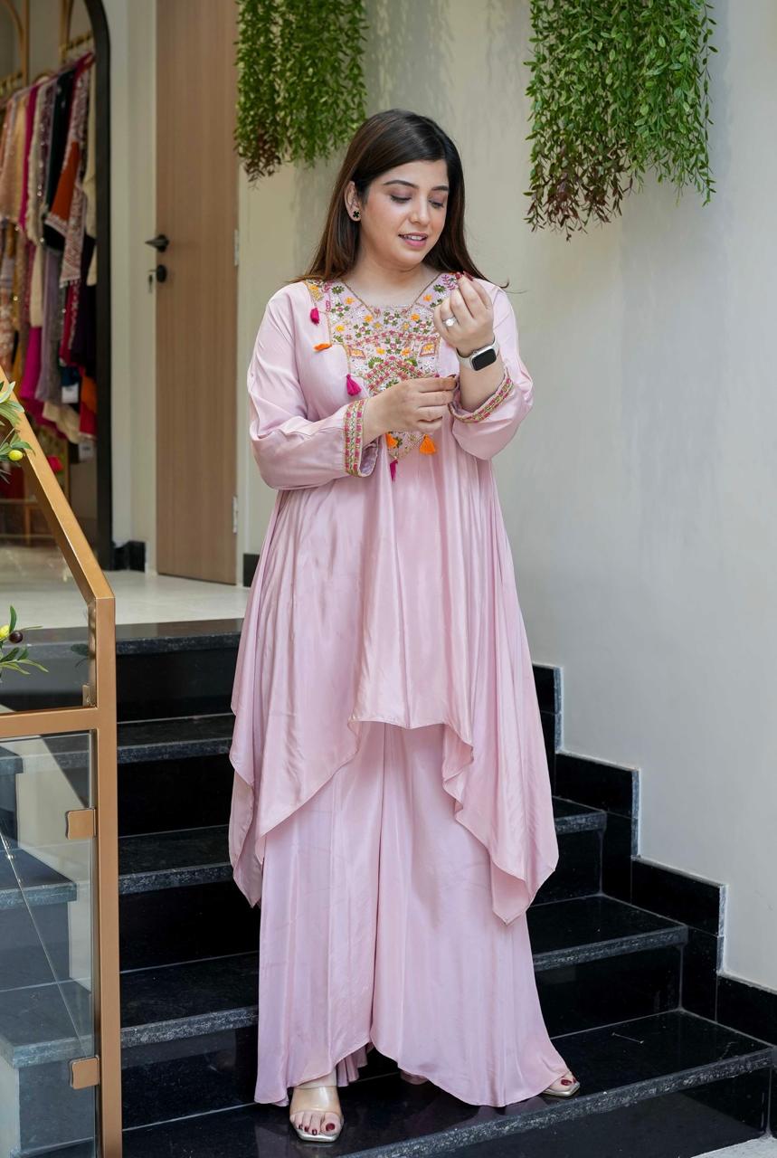 Pink Color Designer French Crepe Embroidered Top With Bottom Collection