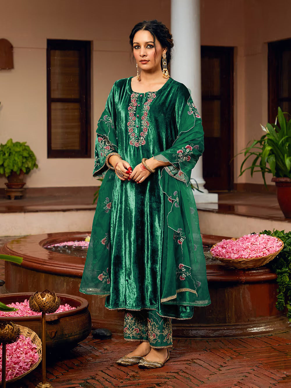 Teal Green Dori Embroidered Velvet Kurta with Pants and dupatta