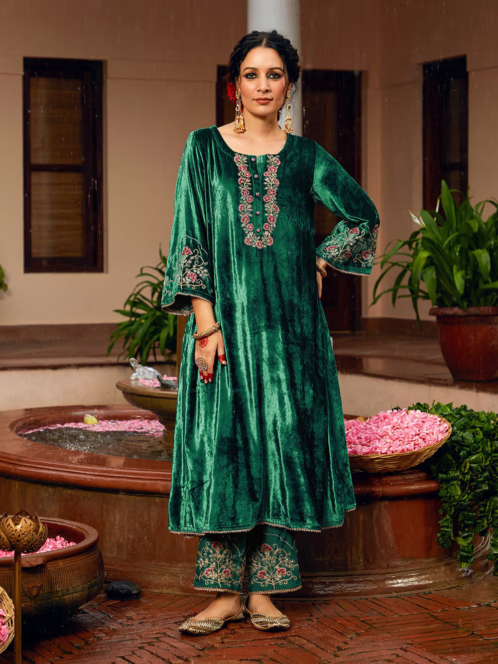 Teal Green Dori Embroidered Velvet Kurta with Pants and dupatta