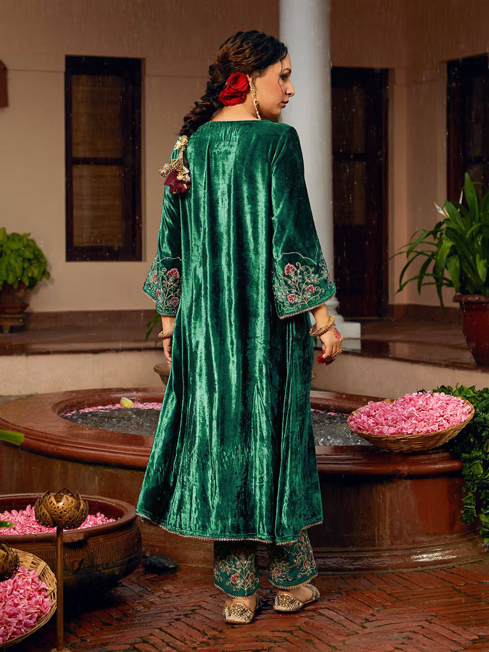 Teal Green Dori Embroidered Velvet Kurta with Pants and dupatta