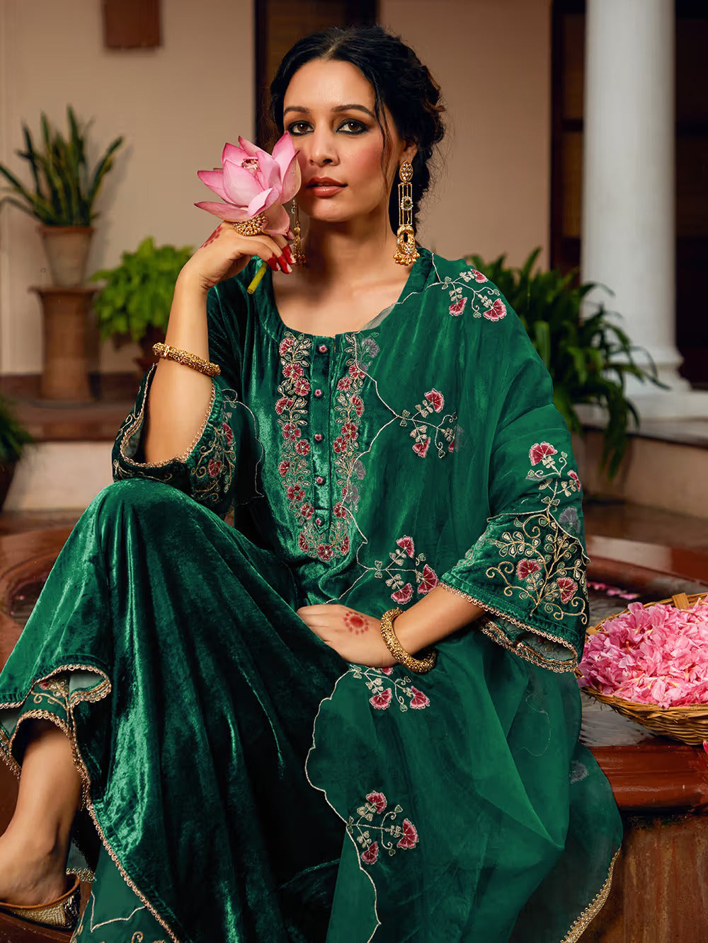 Teal Green Dori Embroidered Velvet Kurta with Pants and dupatta