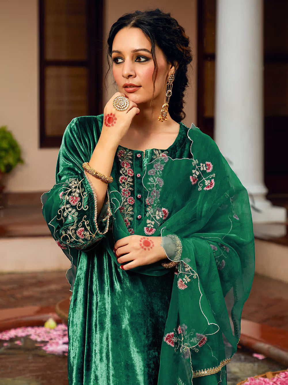 Teal Green Dori Embroidered Velvet Kurta with Pants and dupatta