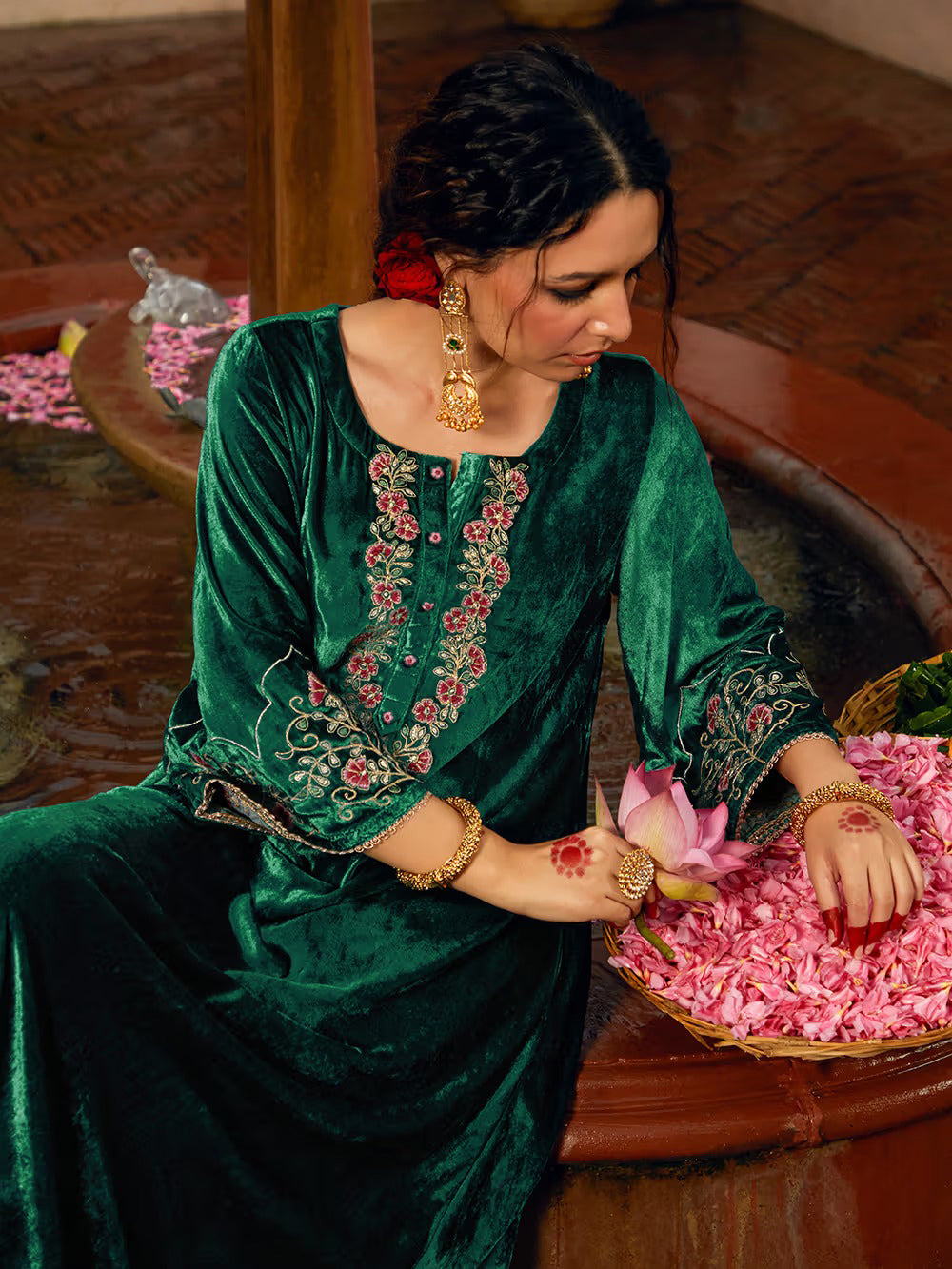 Teal Green Dori Embroidered Velvet Kurta with Pants and dupatta