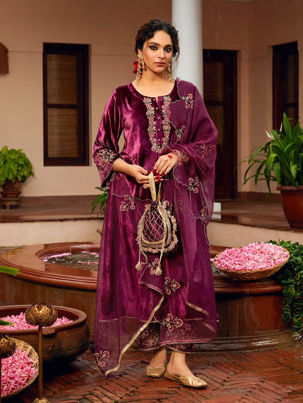 Wine Dori Embroidered Velvet Kurta with Pants and Dupatta