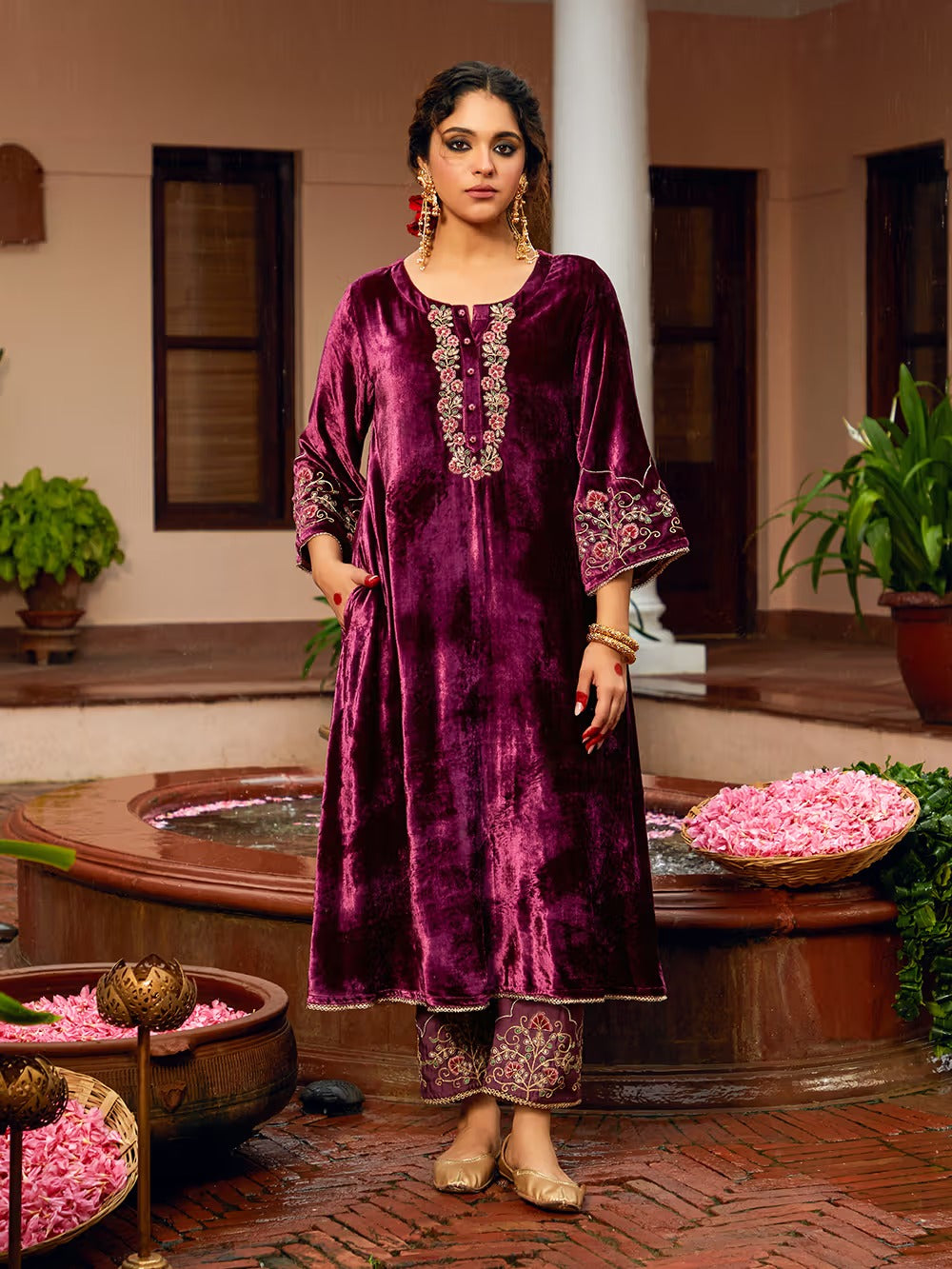 Wine Dori Embroidered Velvet Kurta with Pants and Dupatta
