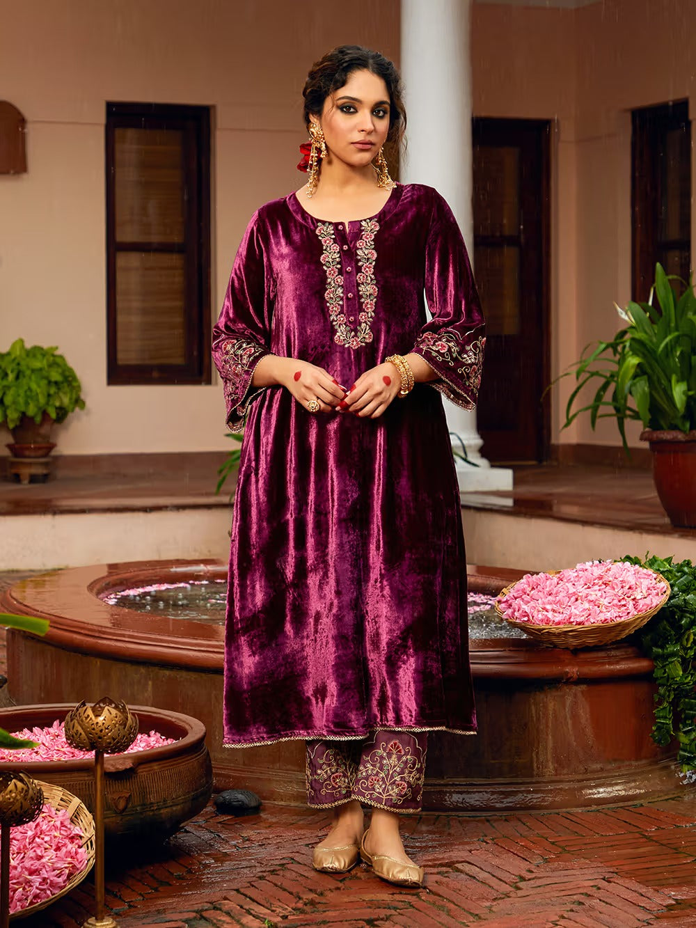 Wine Dori Embroidered Velvet Kurta with Pants and Dupatta