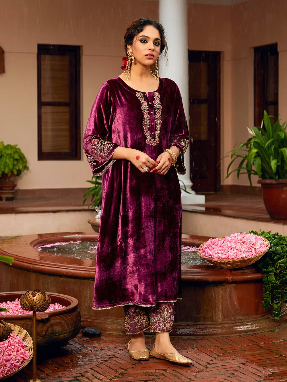 Wine Dori Embroidered Velvet Kurta with Pants and Dupatta