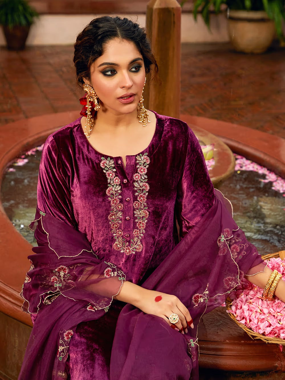 Wine Dori Embroidered Velvet Kurta with Pants and Dupatta