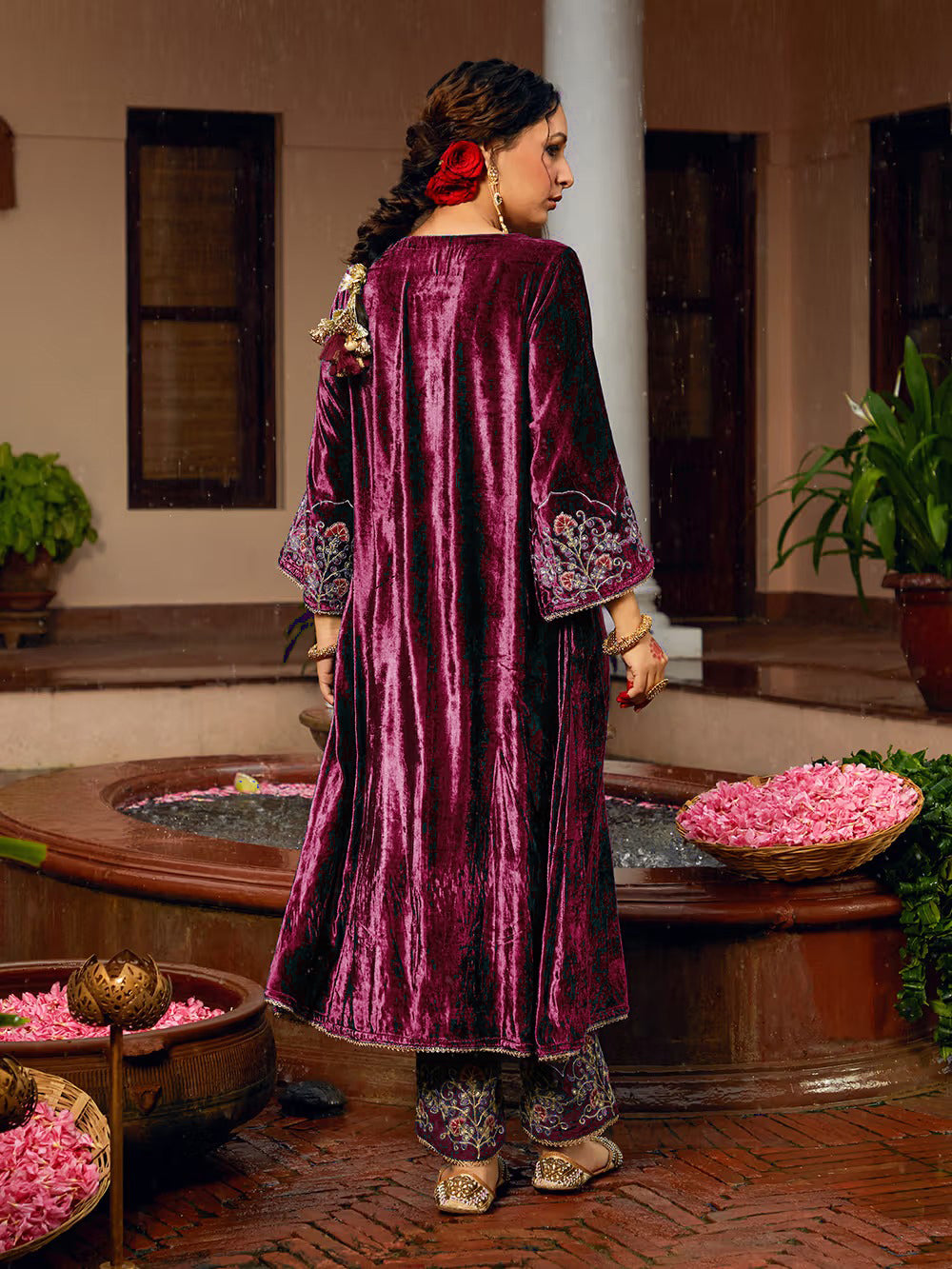 Wine Dori Embroidered Velvet Kurta with Pants and Dupatta