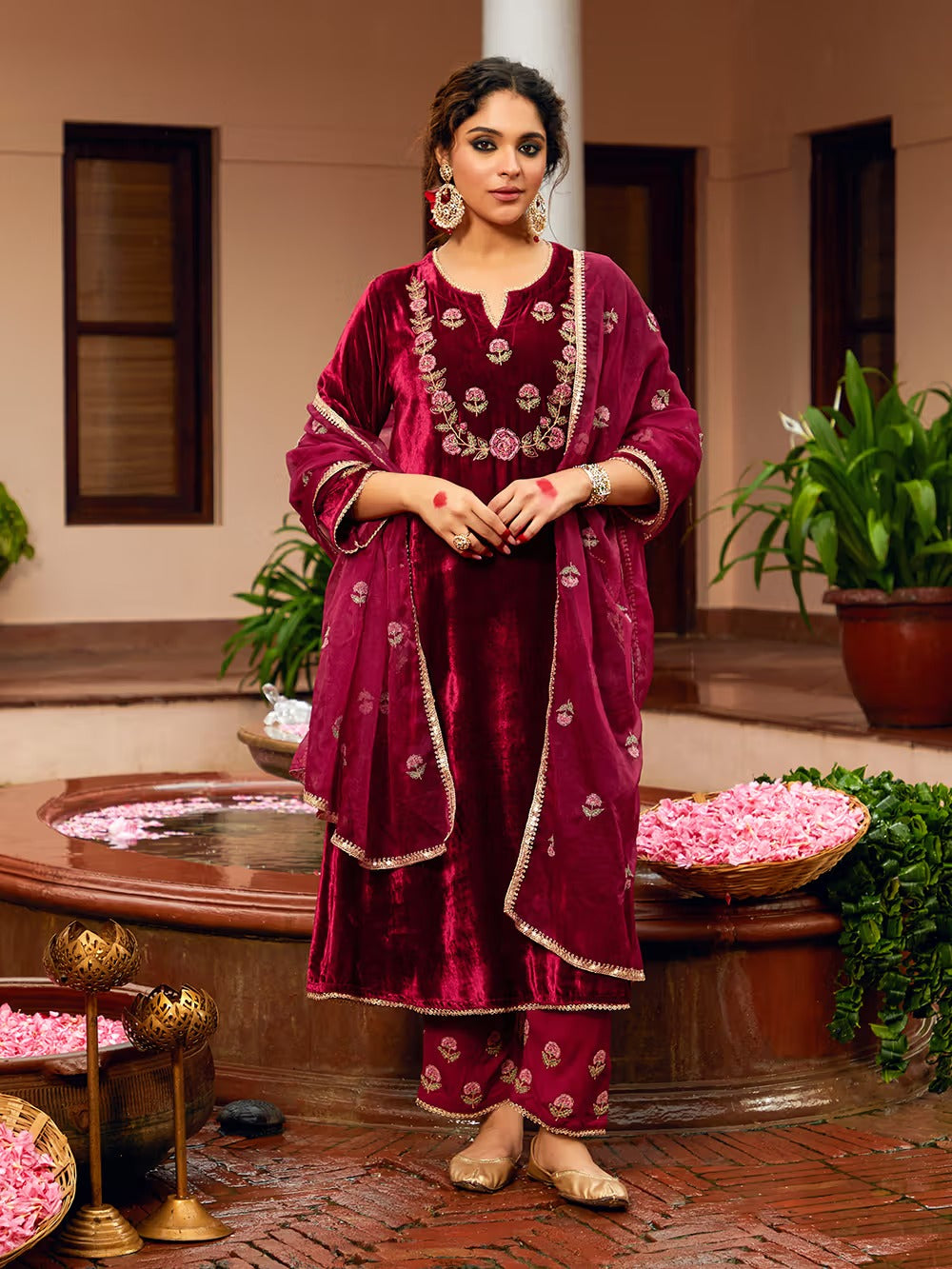 Maroon Dori Embroidered Velvet Kurta with Pants and Dupatta