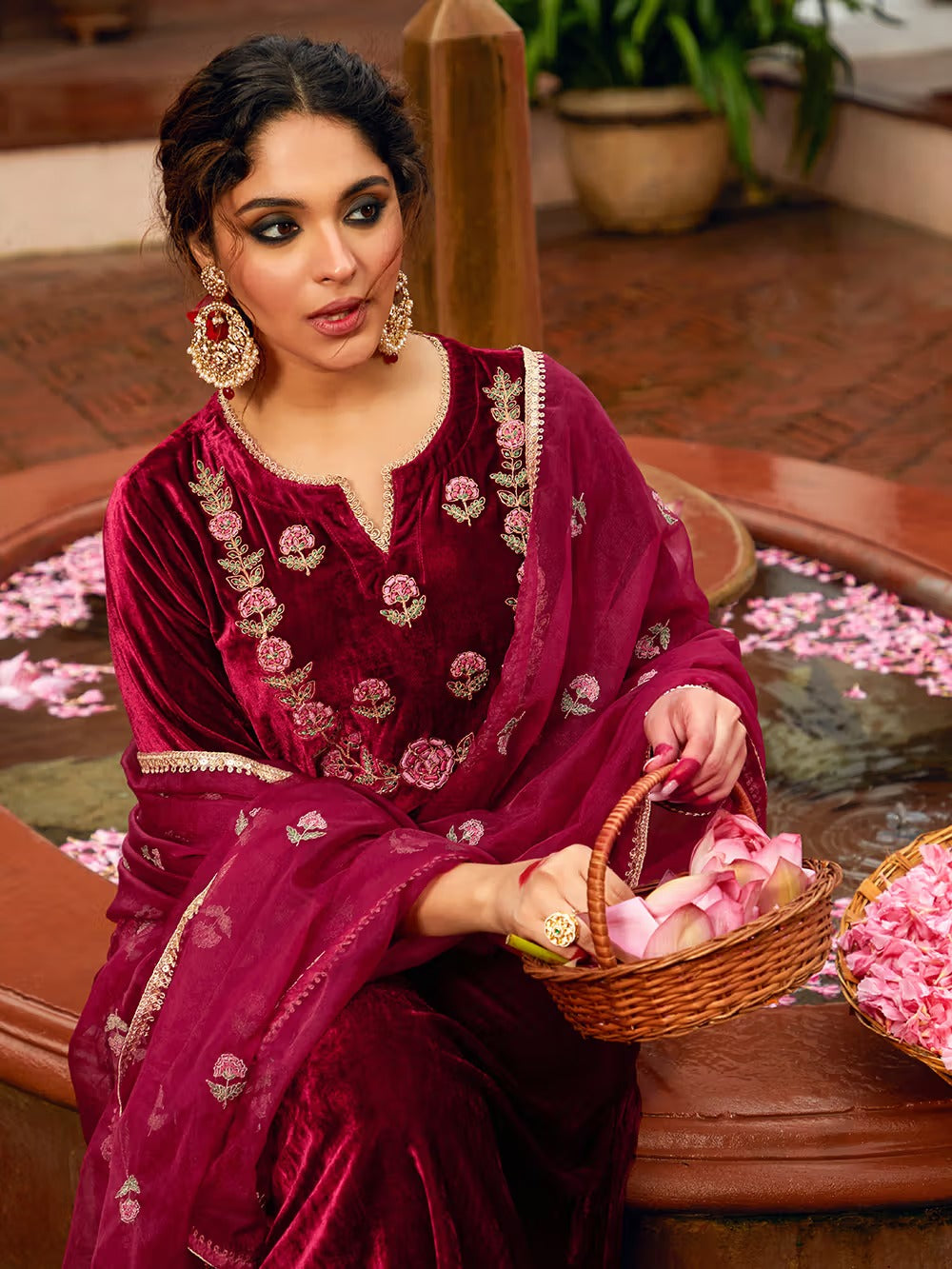 Maroon Dori Embroidered Velvet Kurta with Pants and Dupatta