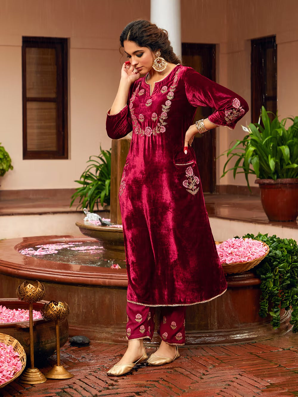 Maroon Dori Embroidered Velvet Kurta with Pants and Dupatta