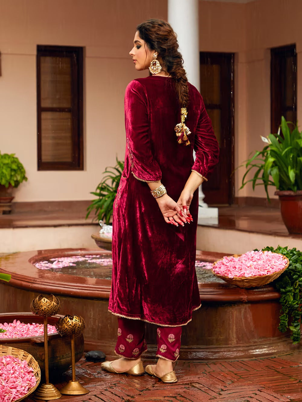 Maroon Dori Embroidered Velvet Kurta with Pants and Dupatta