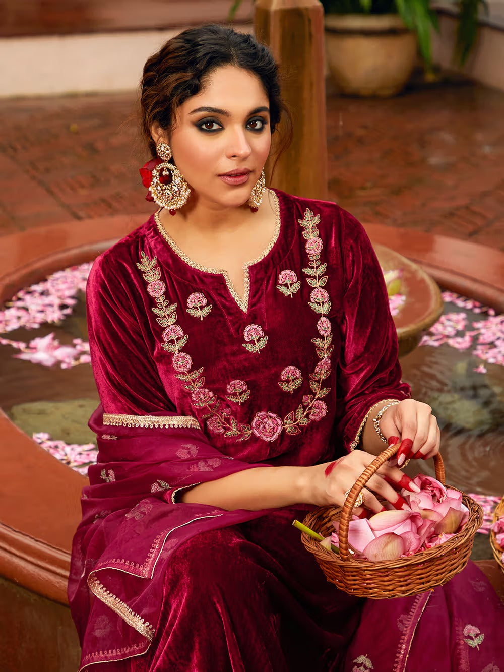 Maroon Dori Embroidered Velvet Kurta with Pants and Dupatta