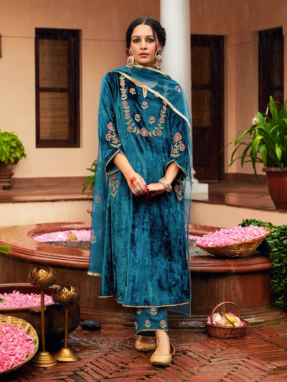 Petrol Color Dori Embroidered Velvet Kurta with Pants and Dupatta