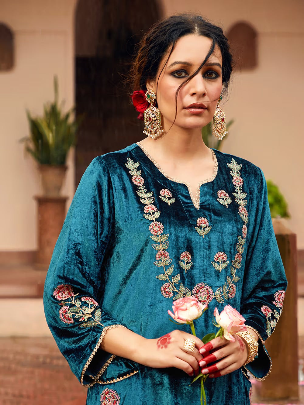 Petrol Color Dori Embroidered Velvet Kurta with Pants and Dupatta