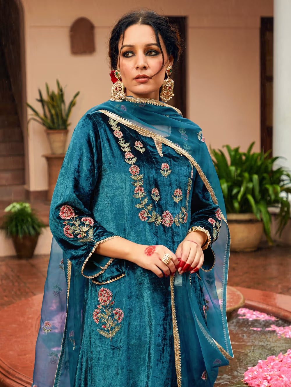Petrol Color Dori Embroidered Velvet Kurta with Pants and Dupatta