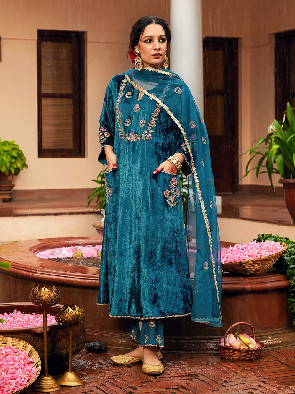 Petrol Color Dori Embroidered Velvet Kurta with Pants and Dupatta