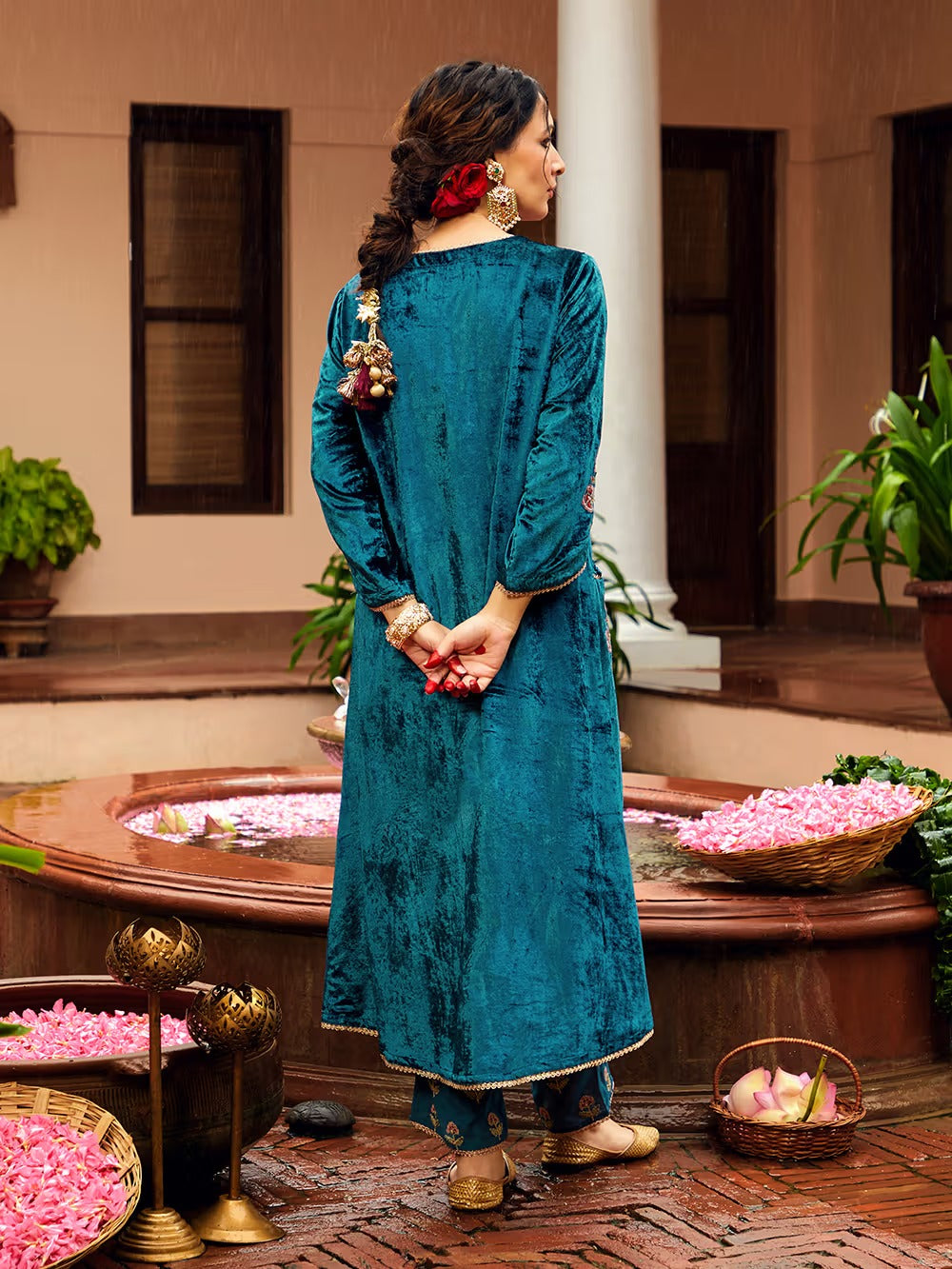 Petrol Color Dori Embroidered Velvet Kurta with Pants and Dupatta