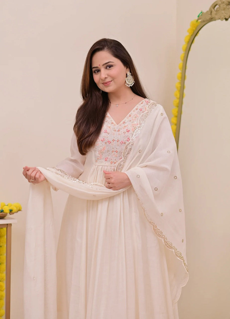 Persian White Noor Handwork Mul Chanderi A Line Suit