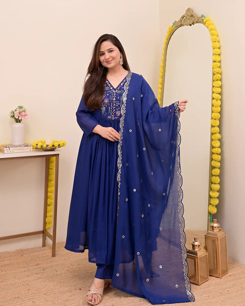 Persian Blue Noor Handwork Mul Chanderi A Line Suit