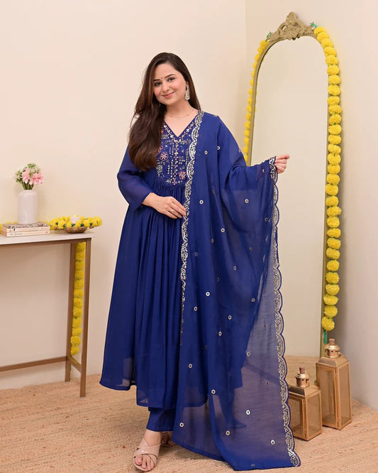 Persian Blue Noor Handwork Mul Chanderi A Line Suit