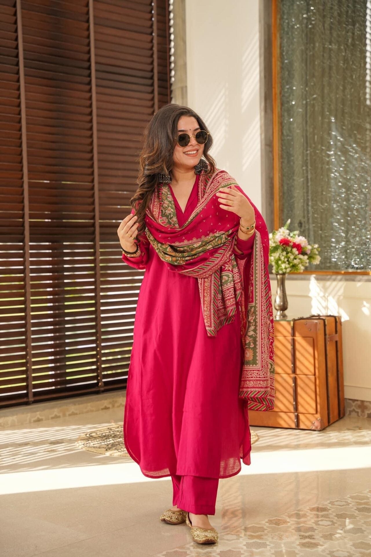 Rani Color Anarkali Kurta Set with Dupatta
