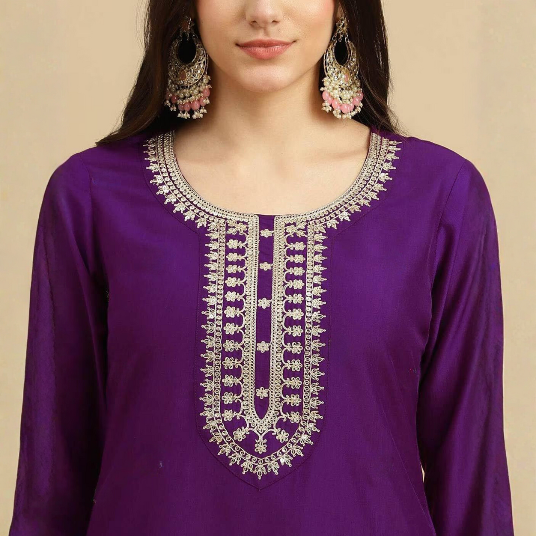 Purple Embroidered Rayon Slub Straight Kurta Pant Dupatta Set