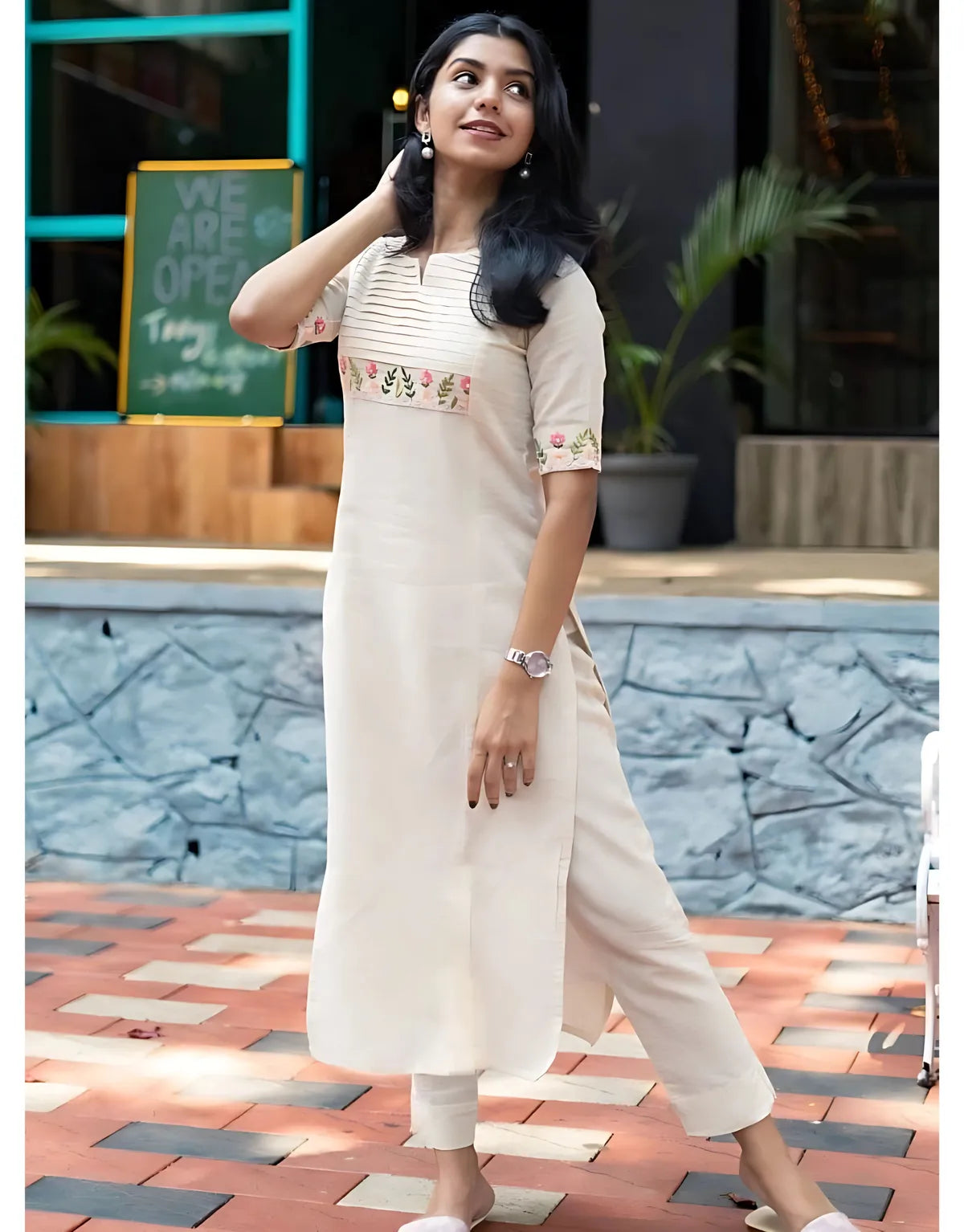 Off White Embroidered Cotton Kurta and Pant Set