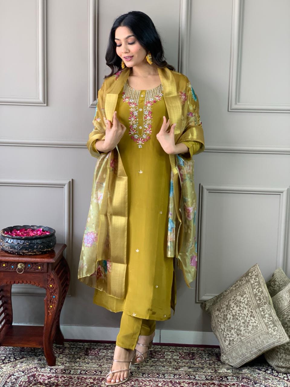 Mustard Viscose Chanderi Embroidered Silk Kurta Set