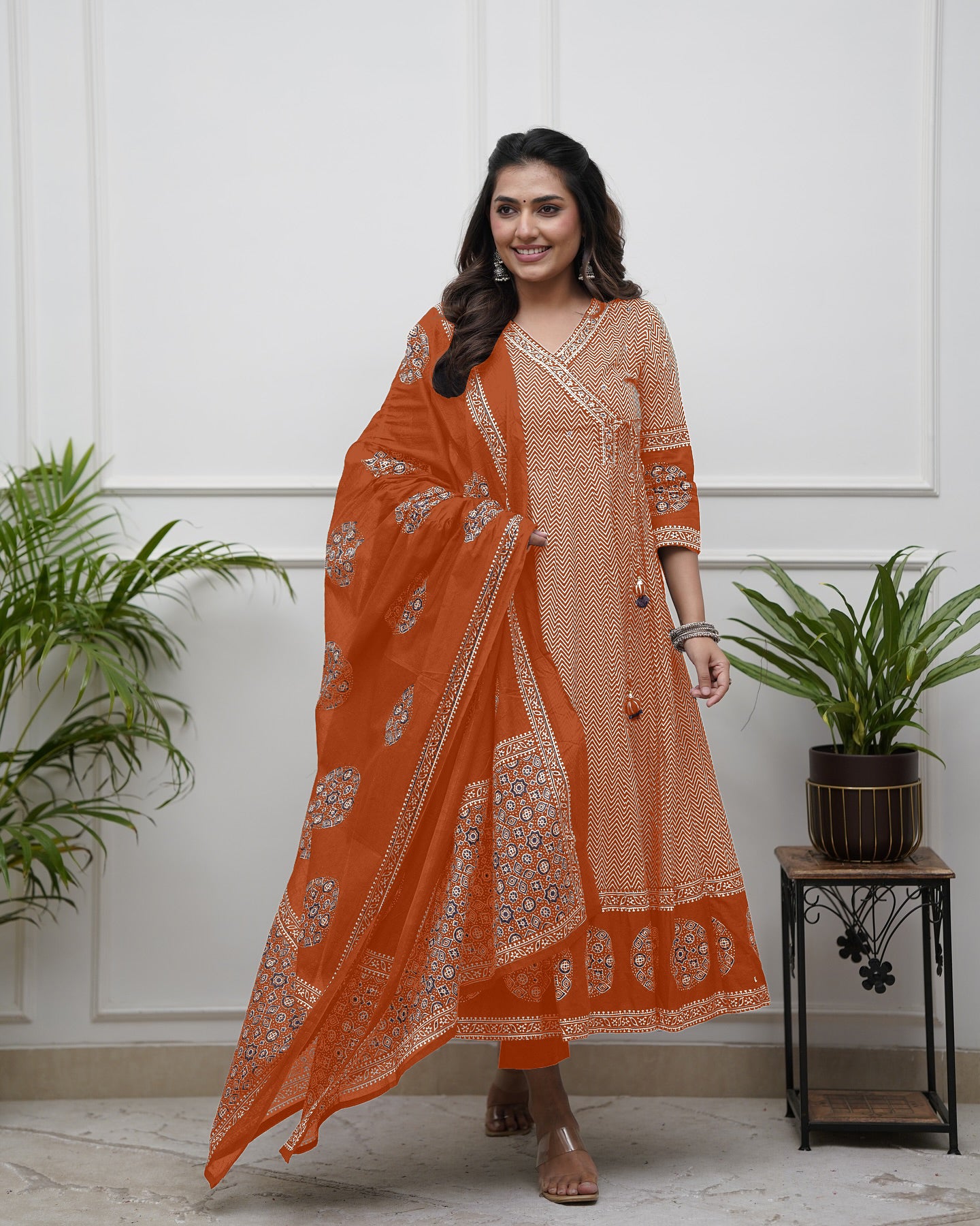 Orange Thread Work Cotton Salwar Kameez, Pant With Dupatta
