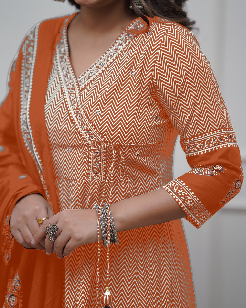 Orange Thread Work Cotton Salwar Kameez, Pant With Dupatta