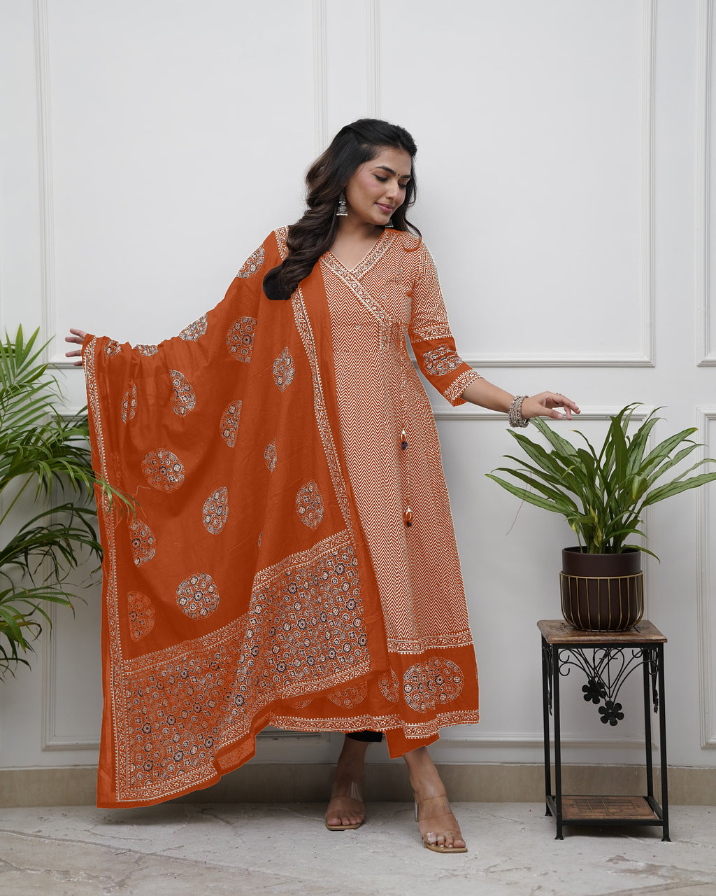 Orange Thread Work Cotton Salwar Kameez, Pant With Dupatta