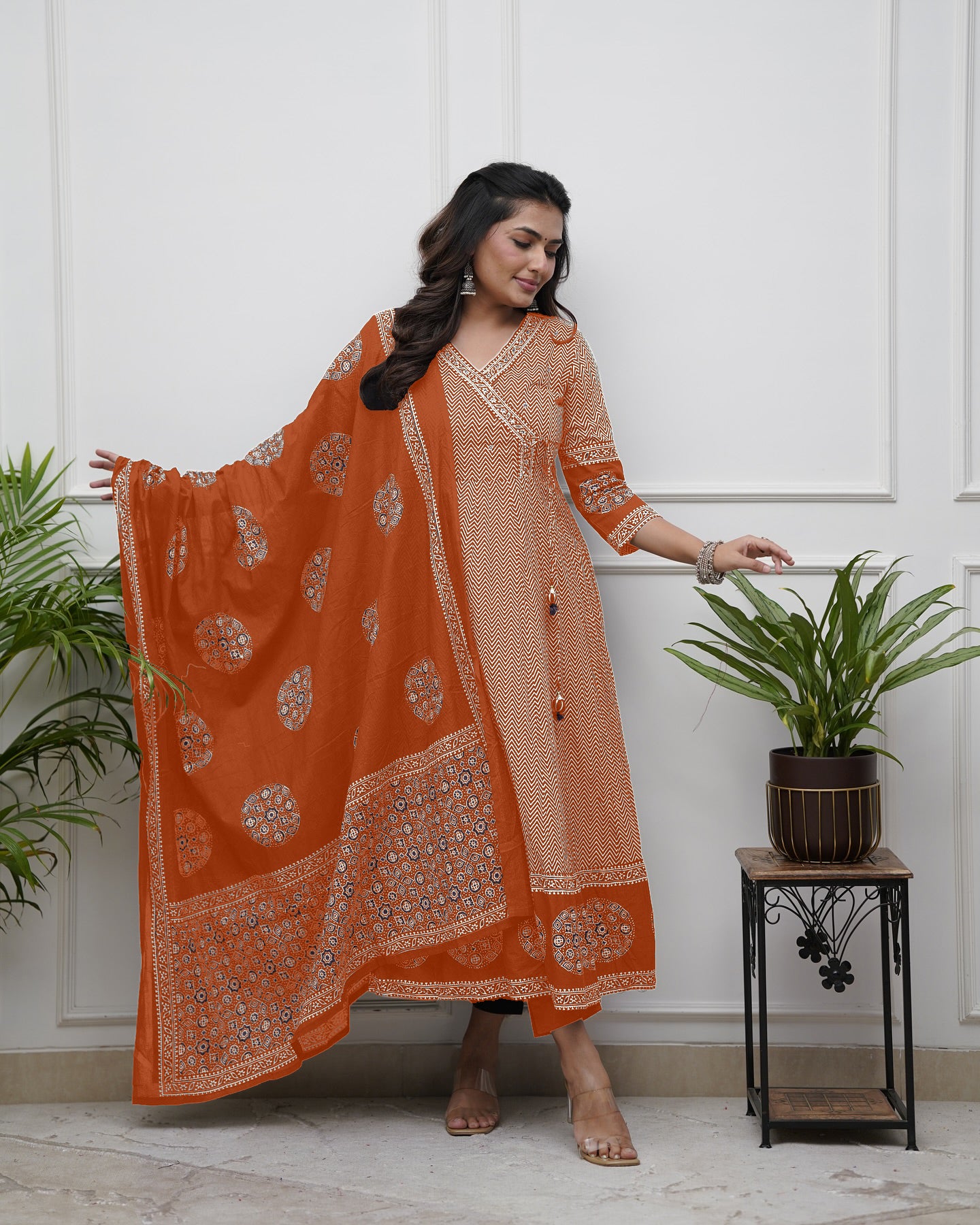 Orange Thread Work Cotton Salwar Kameez, Pant With Dupatta