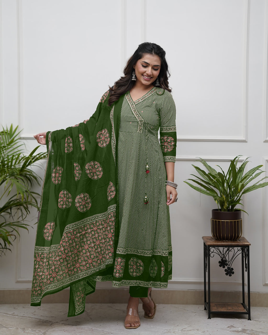 Green Thread Work Cotton Salwar Kameez, Pant With Dupatta